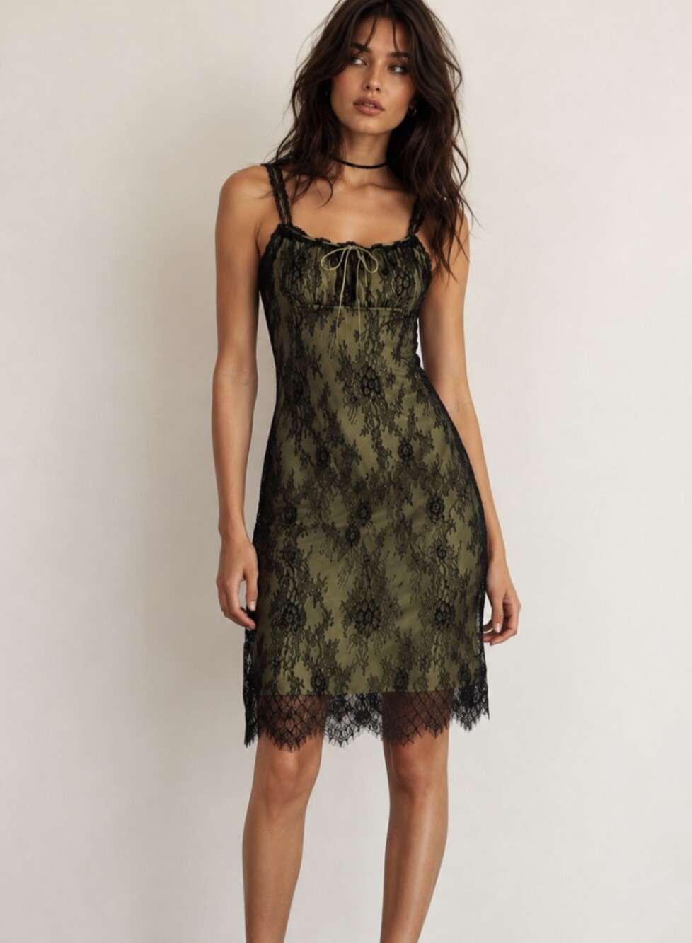 Cider 90s Cami Slip Dress Lace Overlay Stretch Black Green Size XS NEW